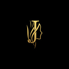 gold colored initial J combined with female face indicating beauty use for salon, hair, business, logo, design, vector, company, branding, and more