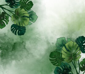 Monstera leaves border on the green watercolour background 