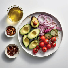 Avocado, Onion, Tomato, Cucumber, Olive Oil of Sweet Plantains on white background illustration