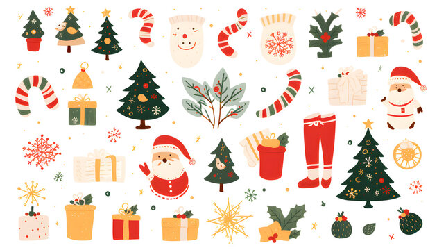 hand drawn set Christmas decorations. Cute clip art on a white background.
