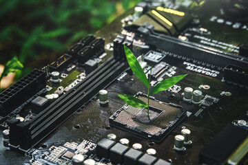 Environmentally Green Leaf on circuit board Green Technology and environmental management Digital and Technological Convergence.