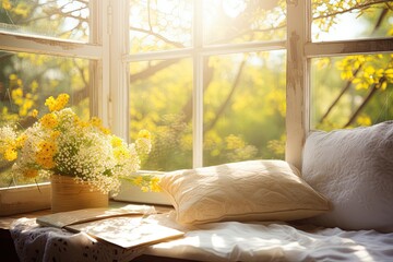 Snug window seat basks in gentle sunlight, adorned with cushions and offering a view of the outside.
