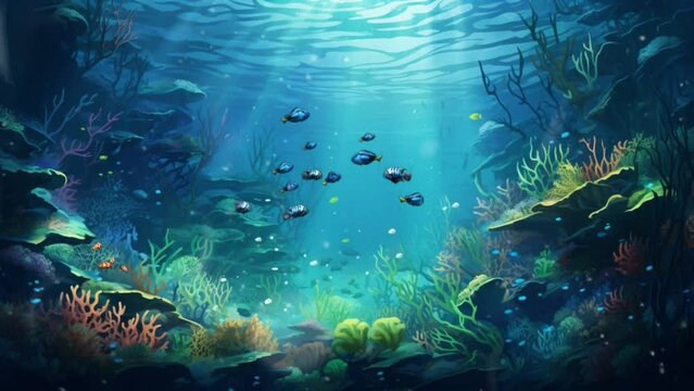 Tropical sea underwater fishes on coral reef. seamless looping virtual video animation background, cartoon style. Generated with AI