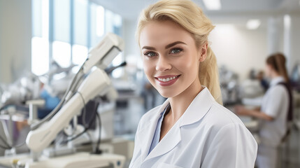 Scientist girl in a laboratory, laboratory clothes and work instruments smiling attitude