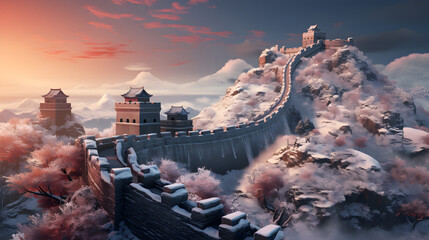 Fototapeta na wymiar Sunset serenity on the snowy Great Wall of China