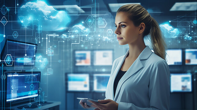 A female physician standing in the midst of online medical device technology