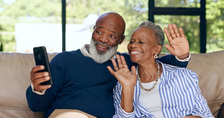 Happy senior couple, video call and smartphone in home for voip communication, social network or...