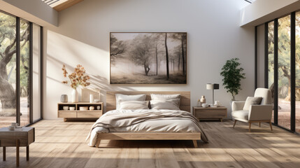 Visualize a captivating close-up of a minimal modern bedroom interior, embodying simplicity, tranquility
