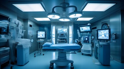 Interior Hospital Room Equipments and Medical Tools, Empty Sickbed Dramatic scene.