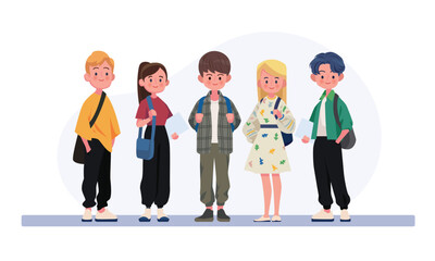 Group of young students. Flat style vector illustration isolated on white background.
