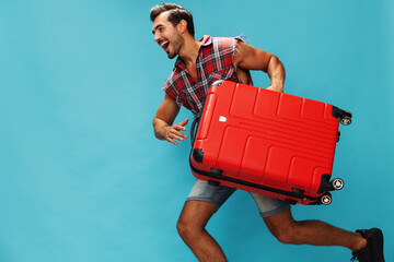 Man travel happy baggage traveler vacation journey weekend suitcase trip studio flight background