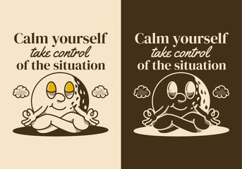 Calm yourself, take control of the situation. Mascot character of golf ball in meditation pose