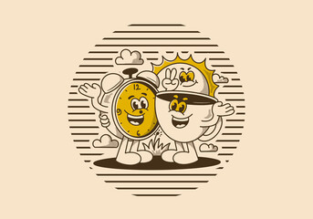 Morning time, coffee time. Mascot character of coffee cup, alarm clock and a sun