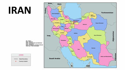 Iran Map. Iran Political Map with capital Tehran, national borders, most important cities and lakes. English labeling and scaling. Illustration.