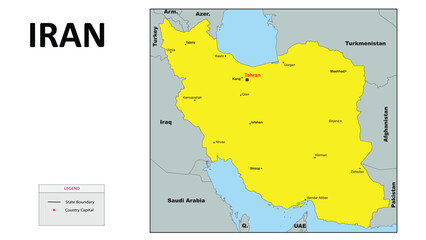 Iran Map. Iran Political Map with capital Tehran, national borders, most important cities and lakes. English labeling and scaling. Illustration.