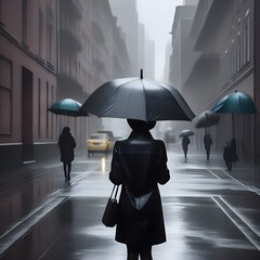 a wet day and a woman strolling down the street holding an umbrella