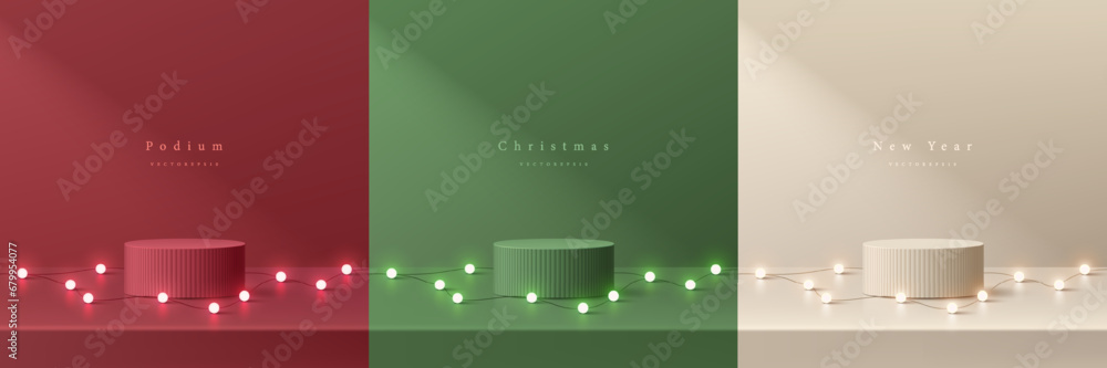 Wall mural set of 3d christmas podium background in red, cream and green color with neon light bulb on