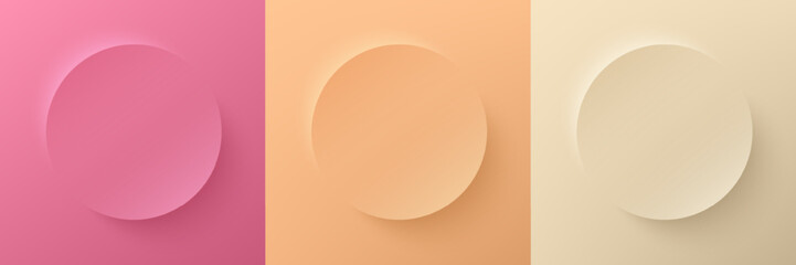 Set of pink, light orange and beige 3D round circle board frames pastel background. Abstract realistic 3D pedestal minimal scene product display in top view design. Geometric design with copy space. - obrazy, fototapety, plakaty