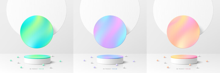 Set of 3D white cylinder podium background with green, blue and pink floating in round backdrop scene. Platforms product display presentation. Abstract composition in minimal design. Stage showcase.