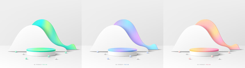 Set of 3D white cylinder podium background with green, blue. pink and gradient colorful curve wave backdrop scene. Abstract composition minimal design. Platforms product presentation. Stage showcase.