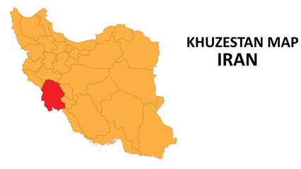 Iran Map. Khuzestan Map highlighted on the Iran map with detailed state and region outlines.
