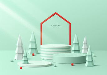 3D christmas podium background. Green cylinder podium with red frame backdrop and christmas tree scene. Platforms mockup product display presentation. Abstract composition minimal. Stage for showcase.