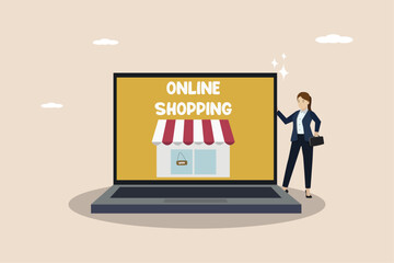 Online shopping, online shop promotion, business promotion via social media, online business concept, businesswoman promoting online shop on computer.