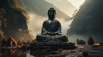 buddha statue in the valley - obrazy, fototapety, plakaty