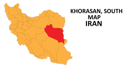 Obraz premium Iran Map. Khorasan South Map highlighted on the Iran map with detailed state and region outlines.