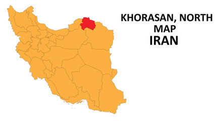Iran Map. Khorasan Razavi Map highlighted on the Iran map with detailed state and region outlines.