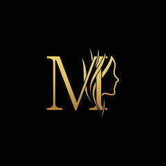 gold colored initial M combined with female face indicating beauty use for salon, hair, business, logo, design, vector, company, branding, and more