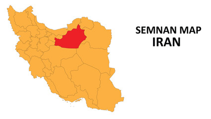 Iran Map. Semnan Map highlighted on the Iran map with detailed state and region outlines.