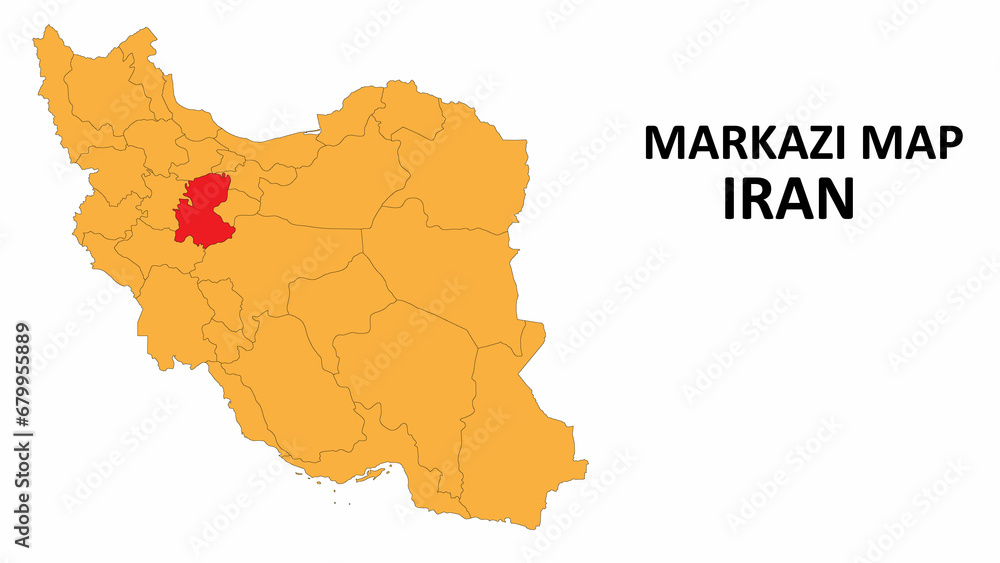 Poster iran map. markazi map highlighted on the iran map with detailed state and region outlines.