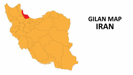 Iran Map. Gilan Map highlighted on the Iran map with detailed state and region outlines.