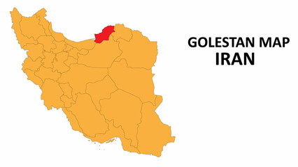 Iran Map. Golestan Map highlighted on the Iran map with detailed state and region outlines.