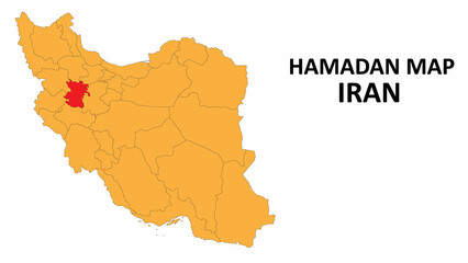 Iran Map. Hamadan Map highlighted on the Iran map with detailed state and region outlines.