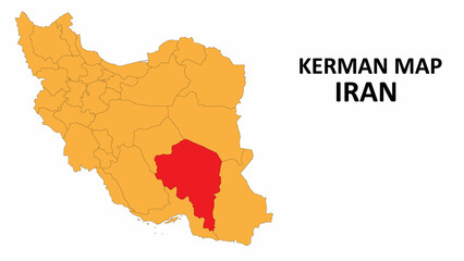 Iran Map. Kerman Map highlighted on the Iran map with detailed state and region outlines.
