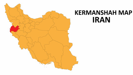Iran Map. Kermanshah Map highlighted on the Iran map with detailed state and region outlines.