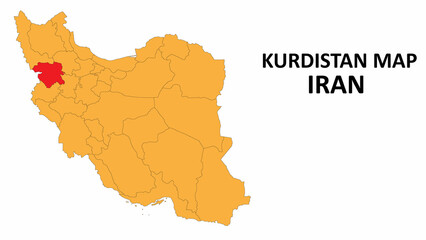 Iran Map. Kurdistan Map highlighted on the Iran map with detailed state and region outlines.