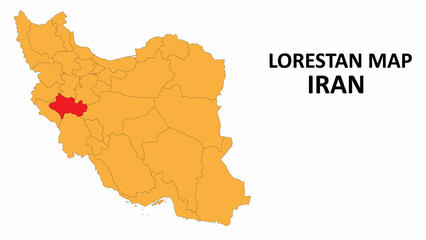 Iran Map. Lorestan Map highlighted on the Iran map with detailed state and region outlines.