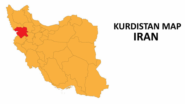 Iran Map. Kurdistan Map highlighted on the Iran map with detailed state and region outlines.