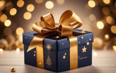 Christmas gift box with golden bow and decoration on bokeh background