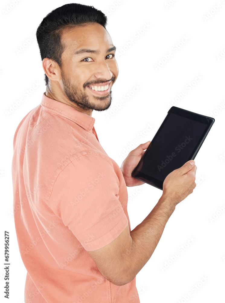 Poster search, tablet and happy man for communication, technology and internet on isolated transparent png 