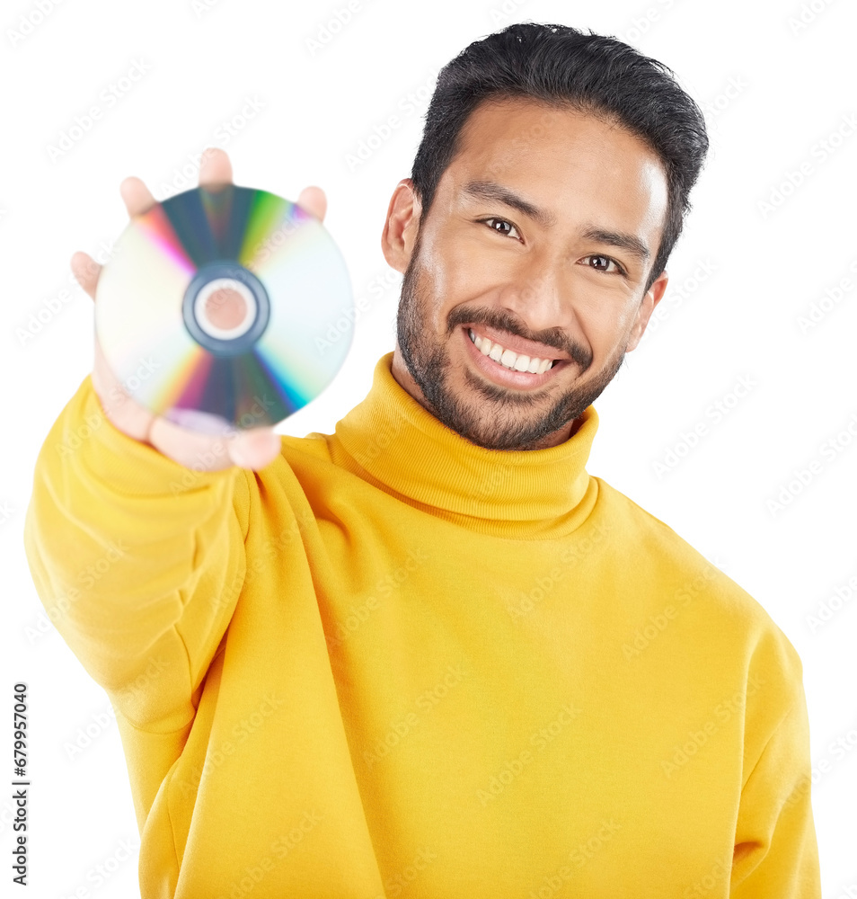 Poster multimedia, disk and portrait of man with music, cd or hardware in transparent, isolated or png back
