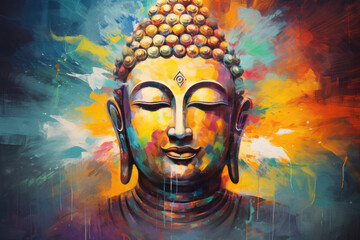 Painting of glowing buddha with abstract background - obrazy, fototapety, plakaty