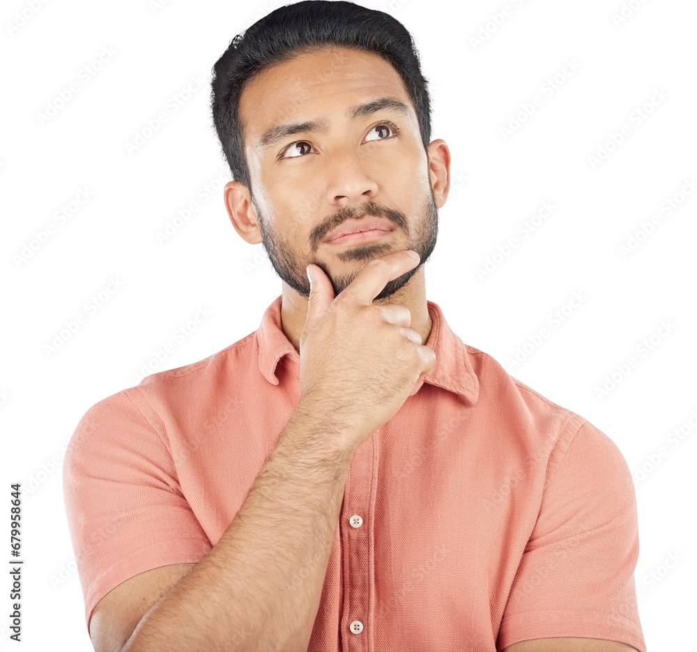 Poster thinking, face and asian man with idea for planning, choice or questions isolated on png transparent
