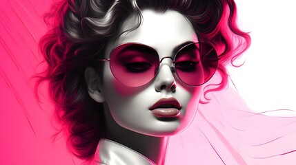 Obraz premium A Curly-haired Woman with Sunglasses in a Pink and Black Gradient. A Windblown Portrait of a Woman with Sunglasses. Pink and Black Fashion Illustration of a Woman with Sunglasses. Generative AI