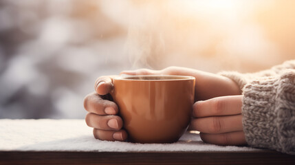 Close up mature man hands in a cozy warm outfit holding hot cup of coffee