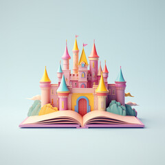 an enchanting blend of education and fantasy with a book and castle on a table, surrounded by a fairytale-inspired pink theme. Generative AI.