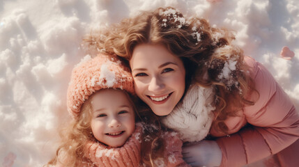 Cheerful mother and daughter having fun laying in snow outdoors in city park in winter - obrazy, fototapety, plakaty